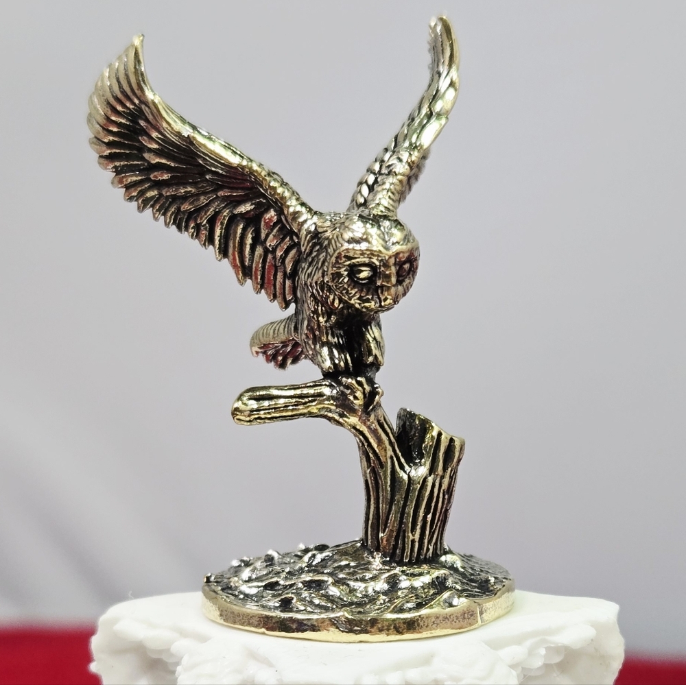 Mini Vintage Brass Owl Tree Branch Figurine Gold Curio Collectible Decor